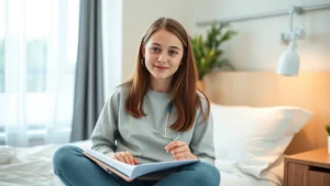 Teenage girl in comfortable modern hospital room with soft lighting, sitting on bed with notebook, peaceful and calm expression, natural window light, minimalist decor
