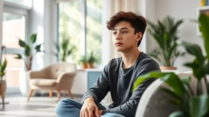 A teenager sitting peacefully in a bright, modern therapeutic space with natural light, looking thoughtful and calm, surrounded by comfortable seating and plants