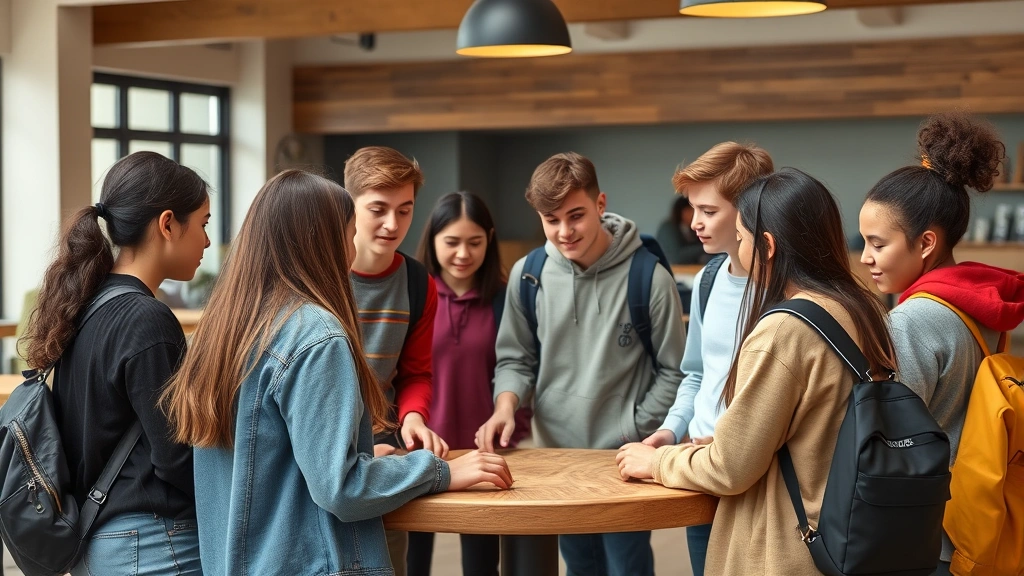 A diverse group of teenagers engaged in a group activity in a welcoming common area, showing connection and collaboration without showing faces clearly