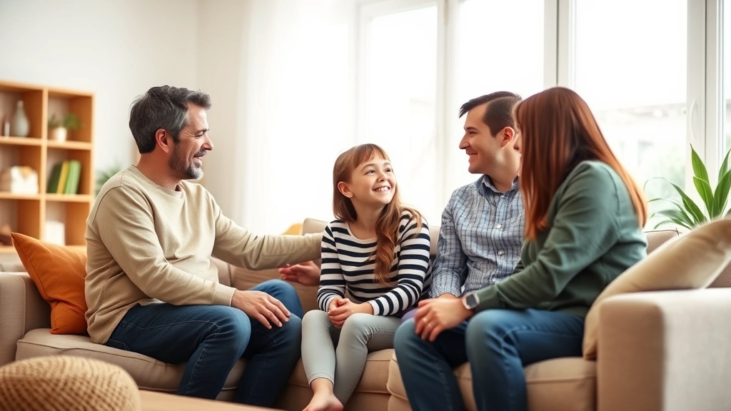 Family having conversation in bright living room, parents and teenage child talking on couch, open body language, warm and supportive atmosphere, natural daylight
