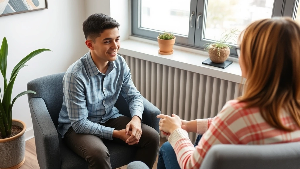 A teenager and therapist in a professional but warm consultation setting, seated comfortably with natural light, showing supportive therapeutic environment