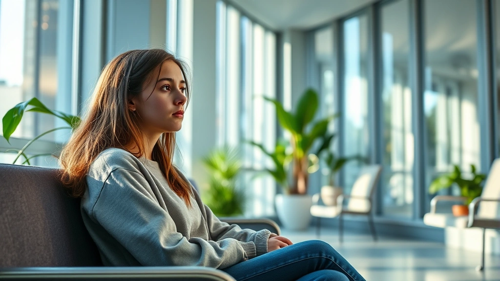A teenage girl sitting in a calm, modern hospital waiting room with soft natural lighting, therapeutic plants, and comfortable seating, looking thoughtful and slightly hopeful near large windows