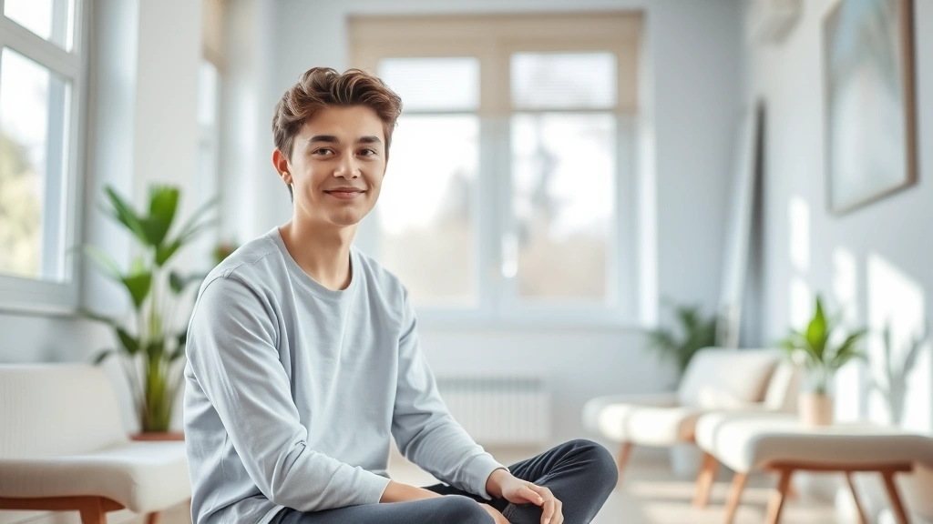 Teenager sitting in a peaceful therapeutic space with natural light streaming through windows, calm expression, professional medical environment with comfortable seating and plants