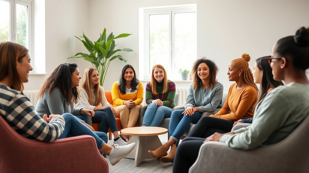 A diverse group of adolescents in a therapy circle during a group session, sitting on comfortable chairs in a bright room with natural light, engaged in conversation with caring expressions