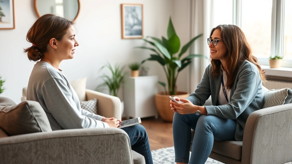 A young person meeting with a compassionate mental health professional in a warm, minimalist office space with comfortable furniture, natural light, and calming decor, mid-conversation