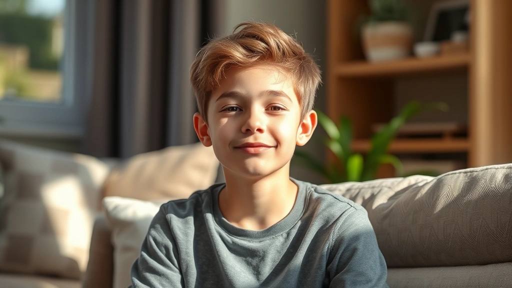 Peaceful adolescent in a comfortable therapeutic setting, looking calm and hopeful, sitting near a window with natural light streaming through