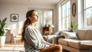 Serene teenage girl sitting peacefully in a bright, modern therapeutic environment with natural light streaming through large windows, comfortable furniture, and calming earth-tone colors