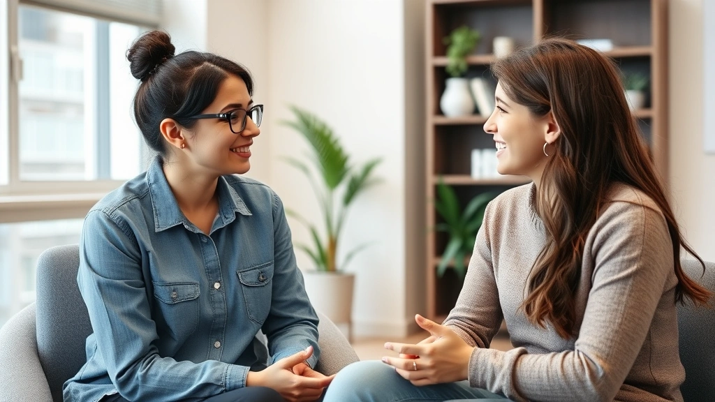 Caring mental health professional having a supportive conversation with a teenager in a modern clinical office, both appearing engaged and connected