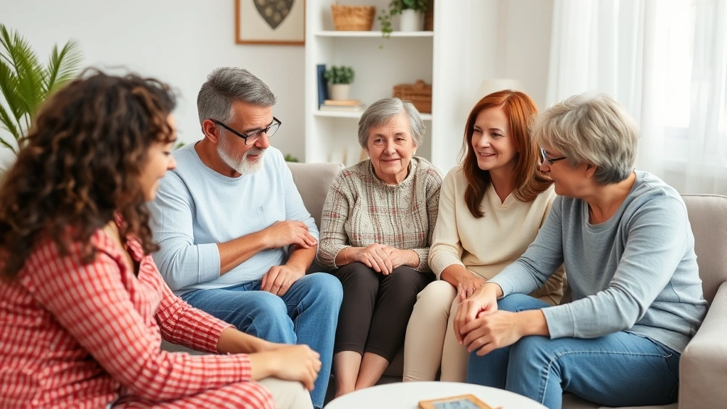 Family sitting together in a comfortable room during what appears to be a therapy session, showing emotional connection and support for one another