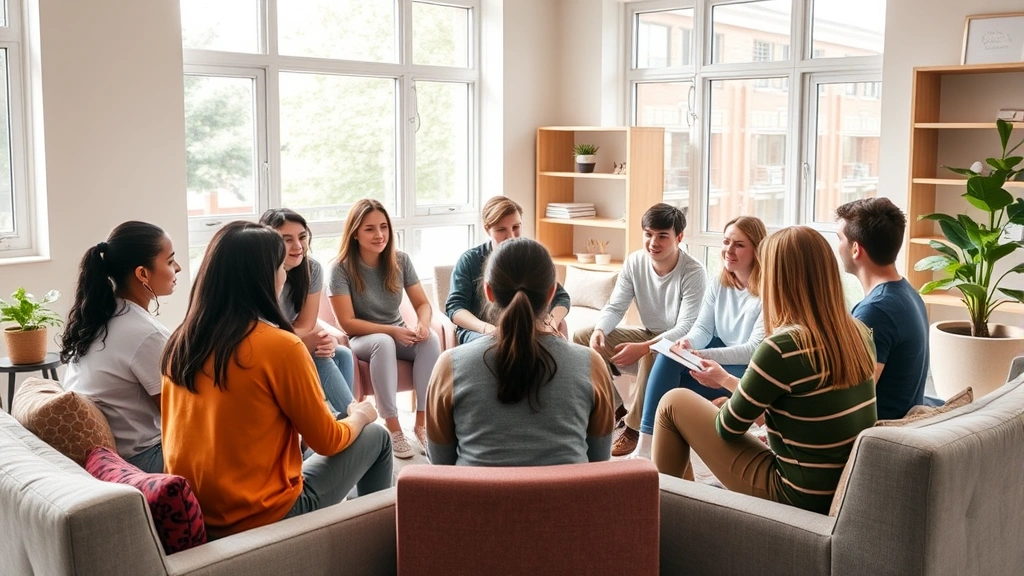 A diverse group of teenagers sitting in a circle during a group therapy session in a bright, modern therapeutic space with comfortable seating and natural light streaming through large windows