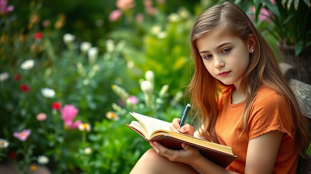 A teenage girl looking thoughtful and peaceful while writing in a journal outdoors in a natural garden setting with flowers and greenery, suggesting reflection and emotional processing