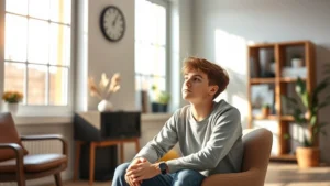 A thoughtful teenager sitting in a modern, comfortable therapy office with natural light streaming through windows, looking reflective and hopeful