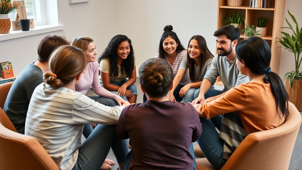 A diverse group of adolescents in a therapeutic group setting, sitting in a circle during a supportive discussion, showing connection and understanding