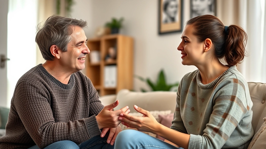 A parent and teenager having a meaningful conversation in a calm home environment, demonstrating open communication and emotional support