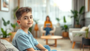 A calm teenager sitting in a modern, welcoming therapy office with soft lighting, comfortable seating, and plants. The therapist is visible but blurred in background. Peaceful, hopeful atmosphere.