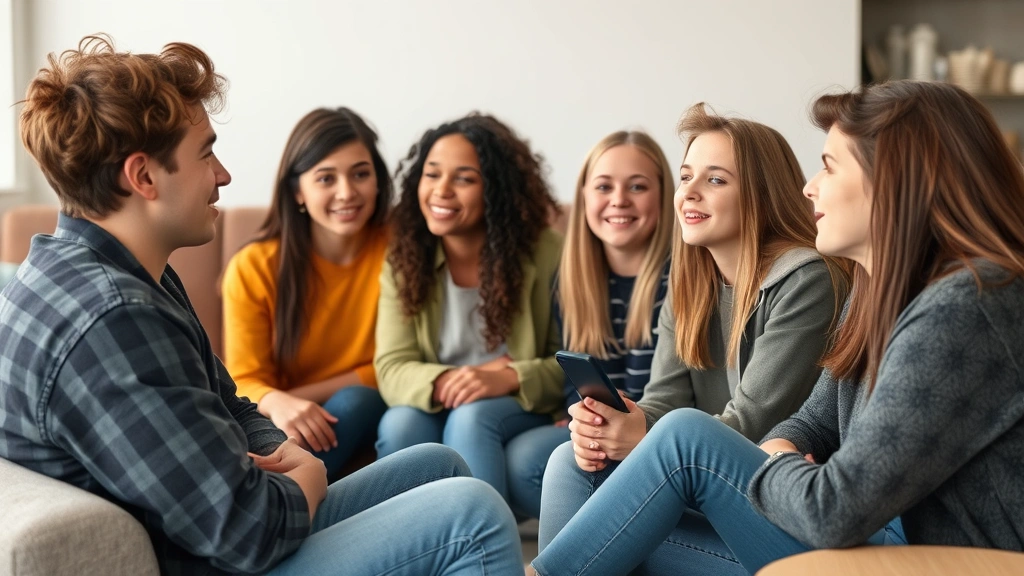 Diverse group of teenagers in supportive setting, engaged in conversation, authentic emotions, comfortable environment, no text or numbers visible