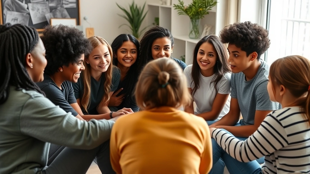A diverse group of teenagers in a supportive circle during a group therapy session, showing connection and openness. Natural lighting, comfortable environment, genuine expressions of listening and understanding.