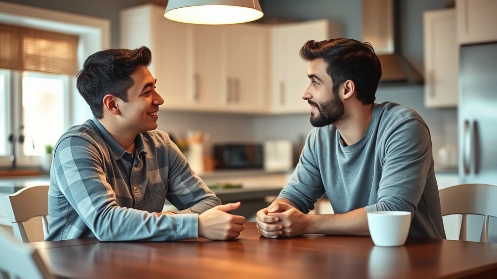 A parent and teenager having a meaningful conversation at a kitchen table, both relaxed and engaged. Warm lighting, open body language, showing healthy family communication and support.