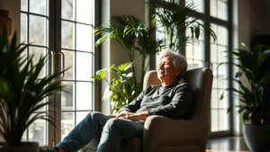 A person sitting peacefully in a comfortable chair with sunlight streaming through large windows, appearing thoughtful and in control, surrounded by soft natural lighting and indoor plants