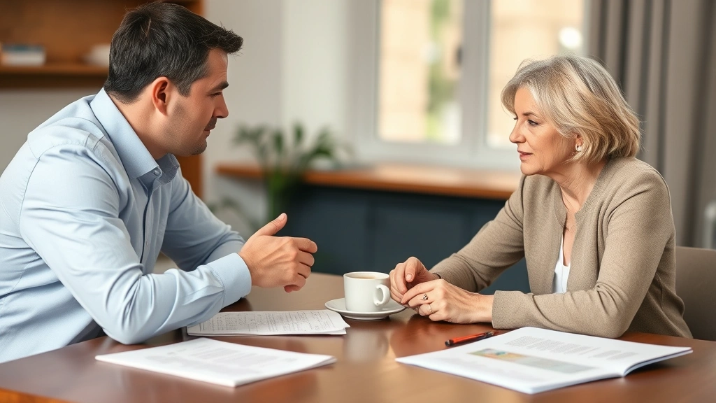 Two people having a serious, respectful conversation over coffee at a table, with papers and documents visible, showing trust and communication without any visible text