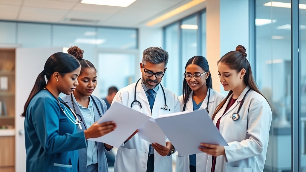 A diverse group of healthcare professionals in a modern clinic setting reviewing documents together, appearing collaborative and focused, with warm lighting and professional atmosphere