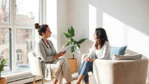 Professional mental health counselor and client in a modern, minimalist therapy office with natural light streaming through large windows, comfortable seating, and calming neutral tones, conveying trust and safety