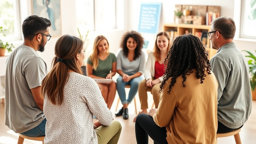 Diverse group of people in a supportive circle during a peer support meeting or wellness workshop in a bright community space, showing connection and mutual understanding without text or signage