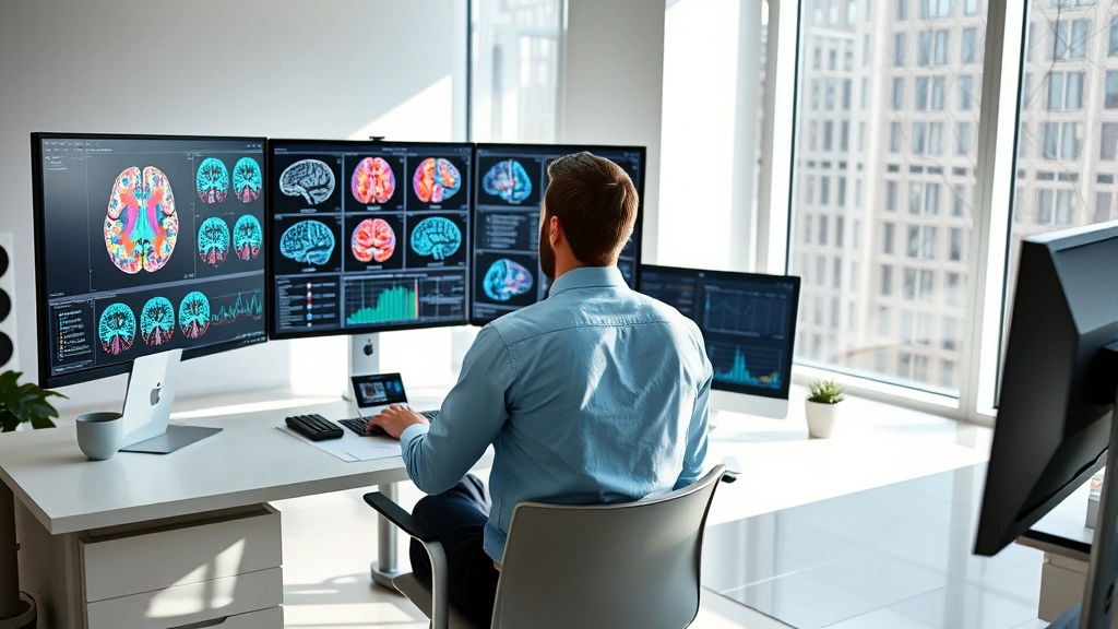 A serene professional sitting at a modern desk reviewing colorful brain imaging scans and genetic data visualizations on multiple monitors, natural lighting from large windows, contemporary minimalist office setting