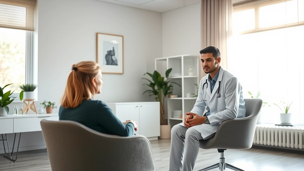 A serene healthcare professional in a modern clinical office, sitting across from a patient in a comfortable consultation setting, natural light streaming through windows, minimalist décor with plants, warm and professional atmosphere