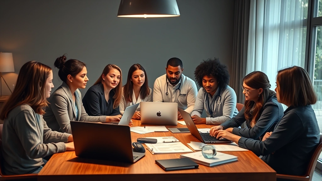 Diverse group of mental health professionals in a collaborative meeting around a table with laptops and research materials, warm lighting, authentic teamwork atmosphere, contemporary healthcare setting