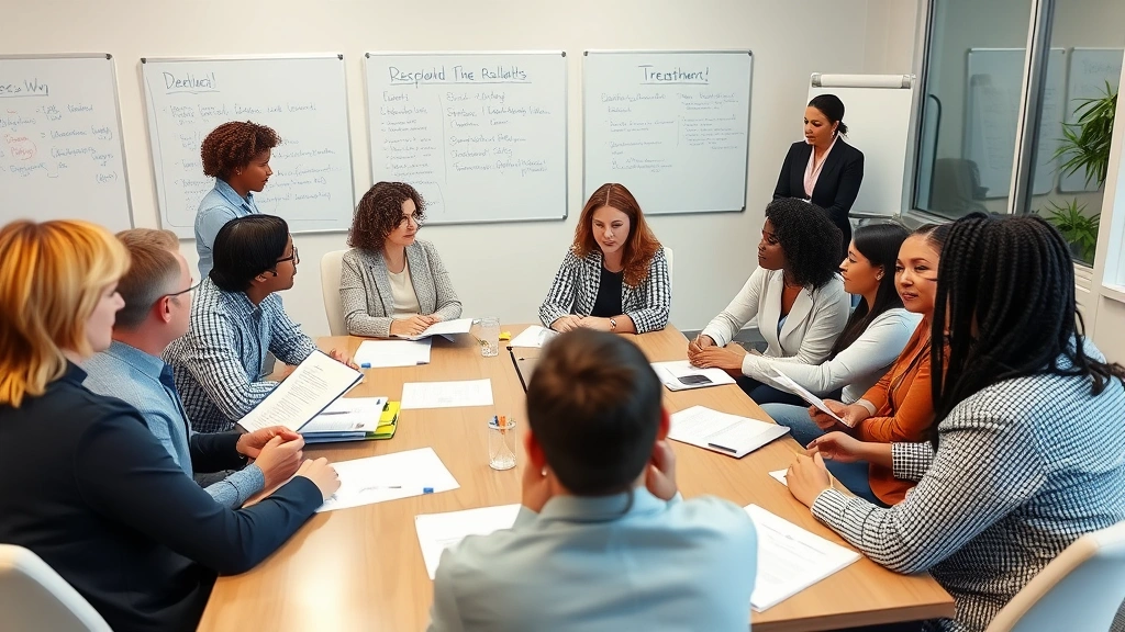 A diverse group of mental health professionals in a collaborative conference room reviewing patient files and research papers, engaged in discussion, whiteboards with treatment plans visible, professional yet supportive environment