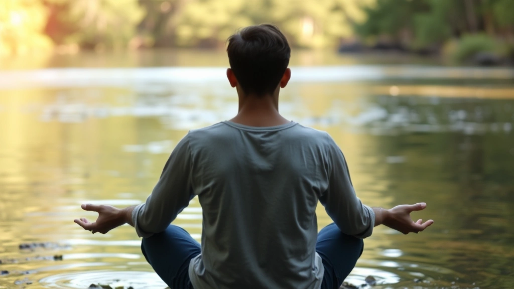 A person in a peaceful meditation or reflective moment in a natural setting, surrounded by calm natural elements like water or forest, depicting internal mental clarity and emotional balance without any text or signage