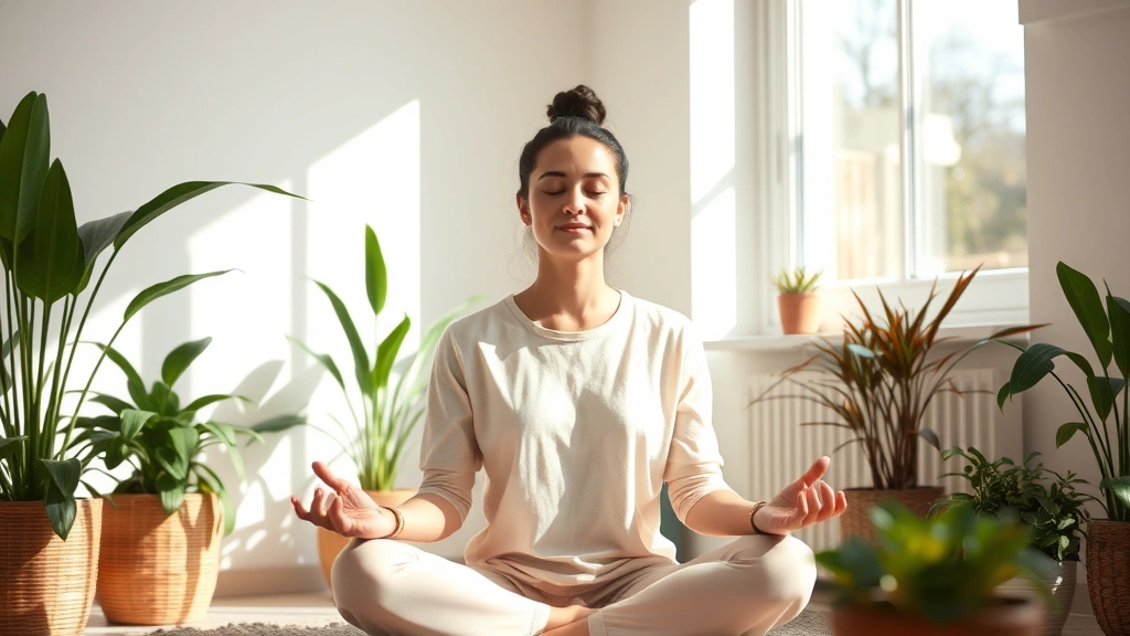 Serene person meditating in sunlit room with plants, peaceful expression, natural lighting, calm atmosphere, mindfulness practice