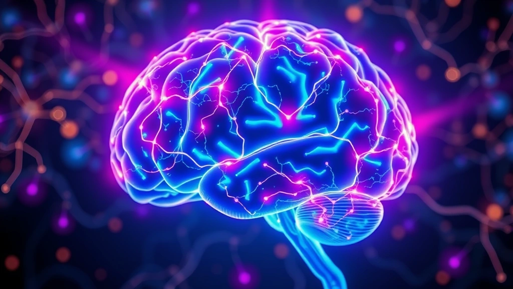 Brain with glowing neural pathways and connections lighting up in vibrant colors, abstract neurological visualization, scientific illustration style