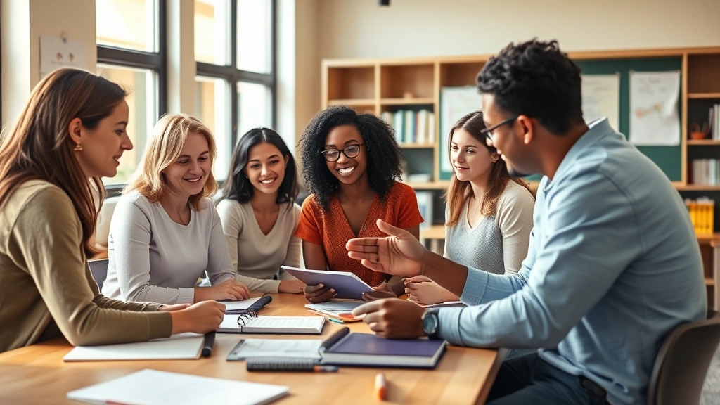 A diverse group of educators and mental health professionals collaborating in a modern school setting, discussing strategies around a table with notebooks and resources, warm natural lighting
