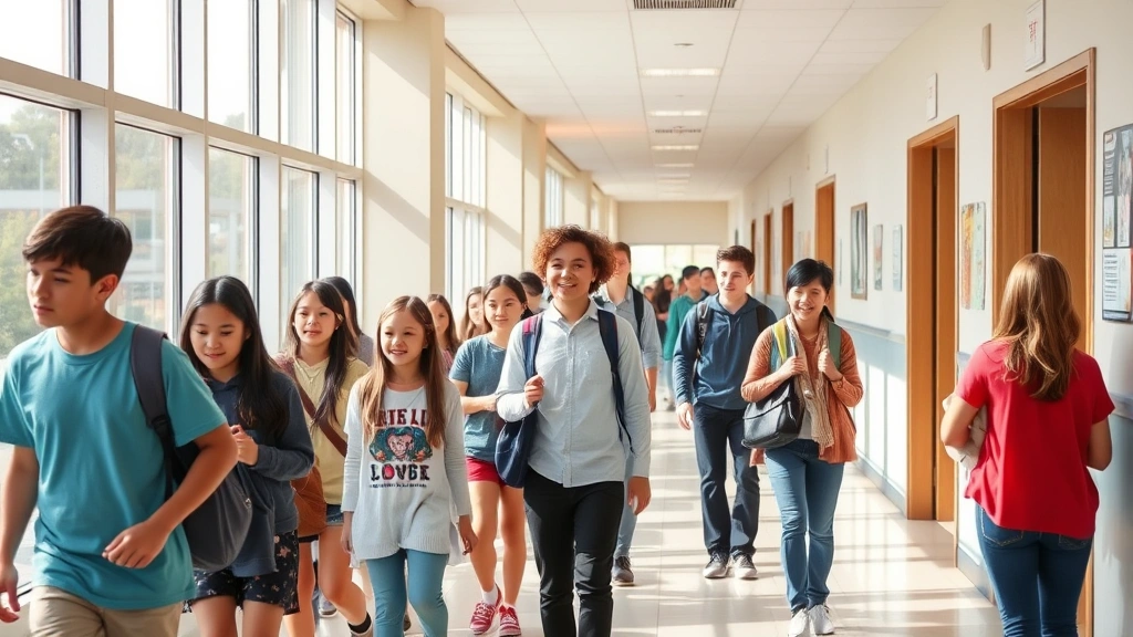 A school hallway with students walking together, some appearing to support one another, bright and inclusive environment with diverse representation, natural daylight streaming through windows