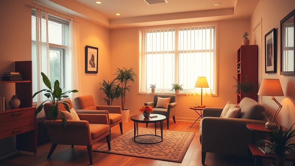 A therapist's office with warm lighting, comfortable seating, and a peaceful atmosphere showing trust and safety without any visible text or people