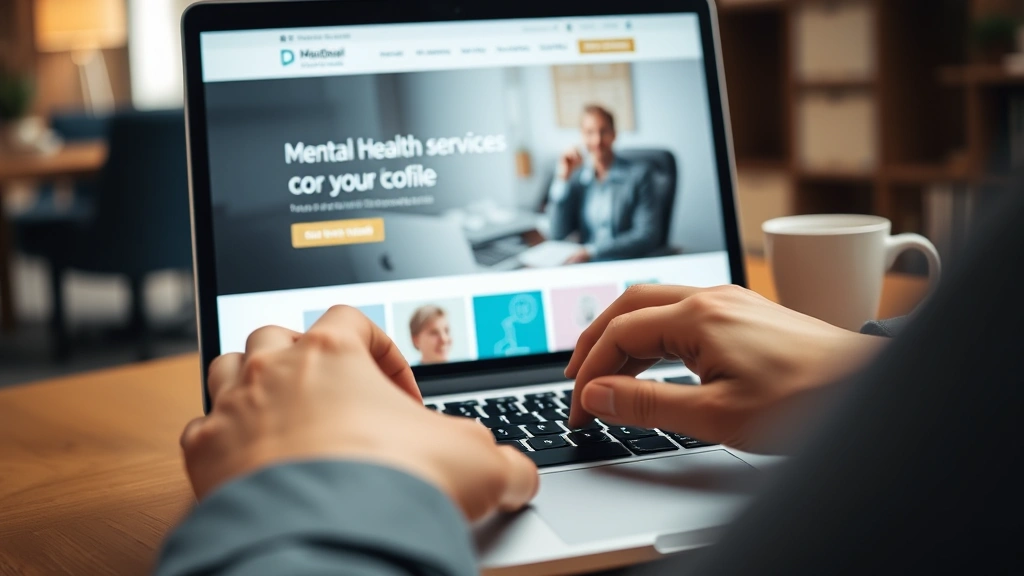 Close-up of hands typing on a laptop showing a mental health services website, warm office setting, professional appearance