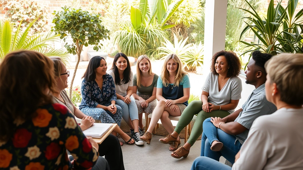 Group of diverse people in a support circle or workshop setting, sitting together engaged in conversation, outdoor garden or bright indoor space