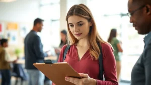 Professional woman with clipboard reviewing documents at a community health center, focused expression, natural lighting, collaborative environment visible in background