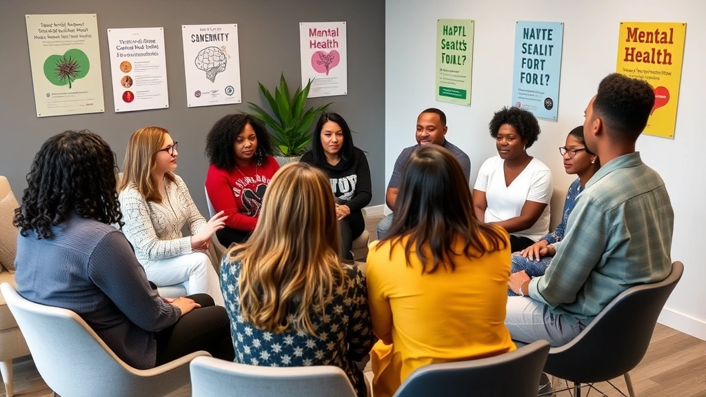Diverse group of advocates in discussion circle during nonprofit meeting, engaged body language, modern office setting with mental health awareness posters