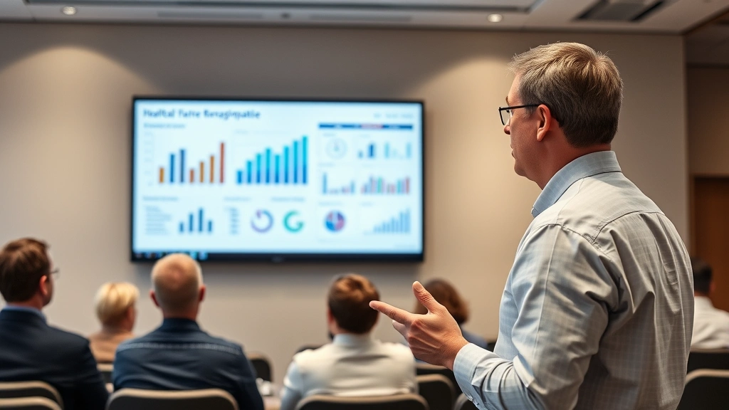 Person presenting data on large screen to small audience in conference room, showing healthcare charts and statistics, professional attire, serious focus
