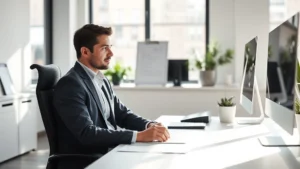 Professional workspace with natural light, person sitting at desk looking focused and calm, minimalist modern office environment, serene atmosphere, no text or numbers visible