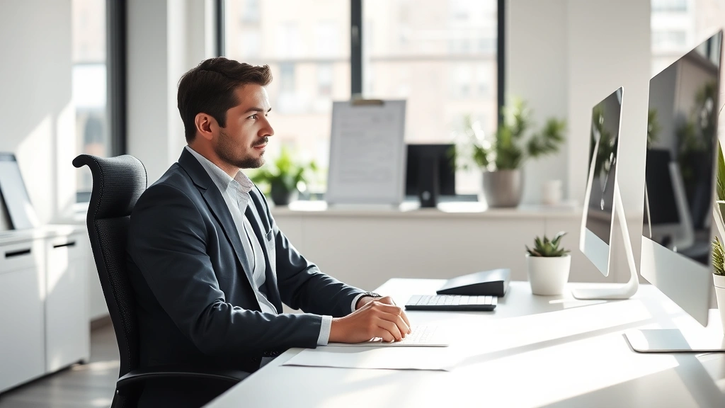 Professional workspace with natural light, person sitting at desk looking focused and calm, minimalist modern office environment, serene atmosphere, no text or numbers visible