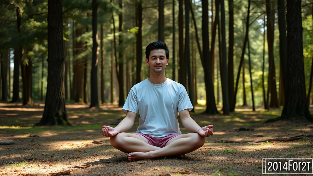Person meditating in peaceful natural setting surrounded by trees and soft sunlight, tranquil forest environment, cross-legged posture, calm expression, no text or numbers
