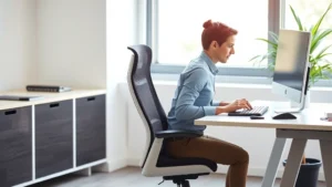 Professional office worker sitting in an ergonomic chair at a modern desk, demonstrating proper posture with neutral spine alignment, natural daylight from window, focused expression, hands on keyboard