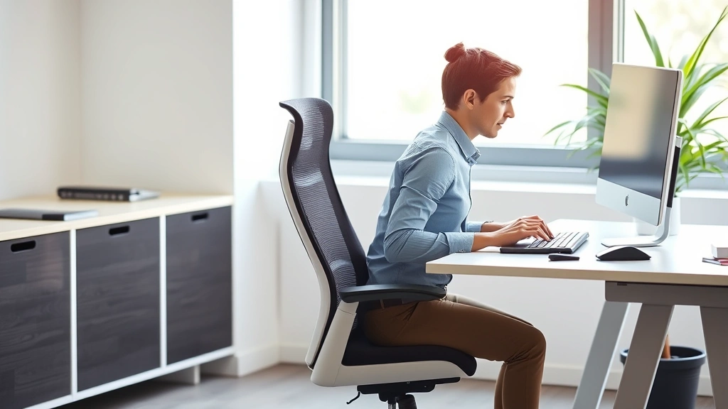 Professional office worker sitting in an ergonomic chair at a modern desk, demonstrating proper posture with neutral spine alignment, natural daylight from window, focused expression, hands on keyboard