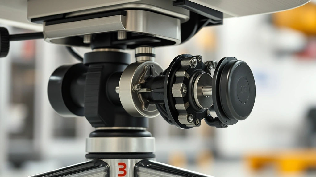 Close-up detail of chair's mechanical swivel base and pneumatic cylinder system, showing engineering precision and quality construction, metallic and plastic components in professional environment