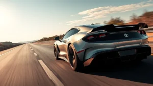 High-performance sports car at high speed on empty highway, motion blur background, sleek aerodynamic body design catching sunlight, dramatic perspective