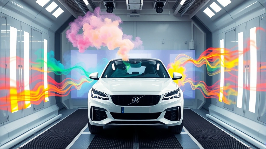 Wind tunnel testing chamber with white vehicle model, visible airflow patterns with colored smoke visualization, scientific precision laboratory setting
